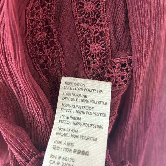 FREE PEOPLE Long Live Love Sheer Button-Down Blouse, Maroon Red - Picture 7 of 9